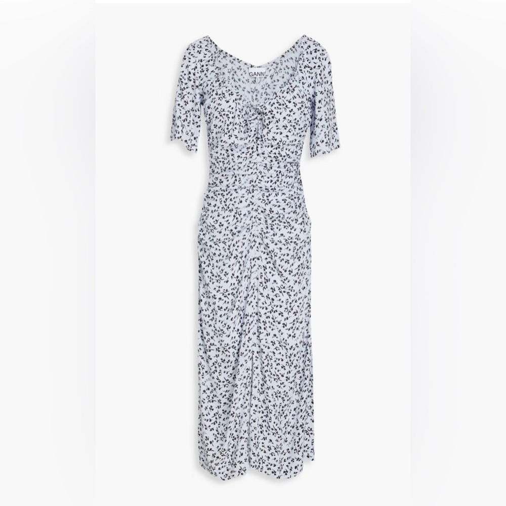 GANNI Ruched printed crepe midi dress - Sz 8